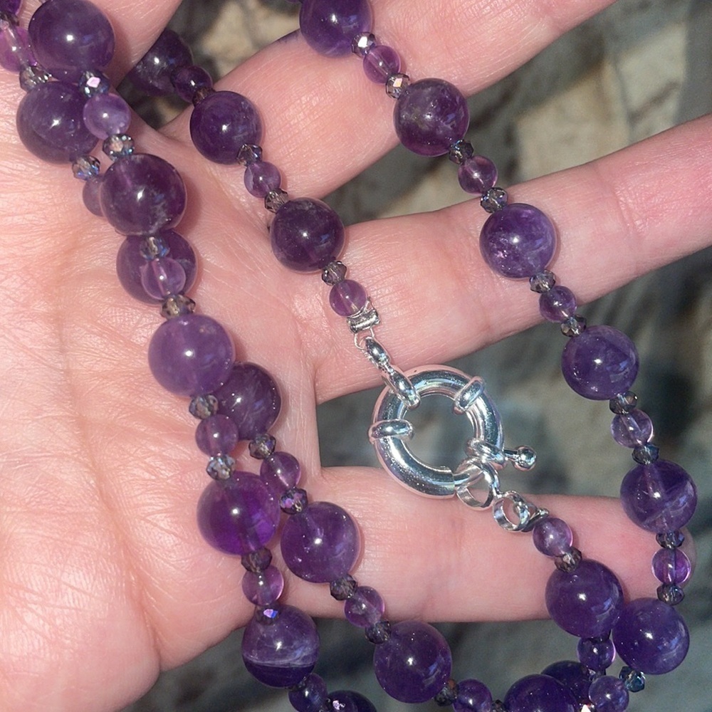 Amethyst necklace Stone with crystal spacer, purple crystals 10” drop